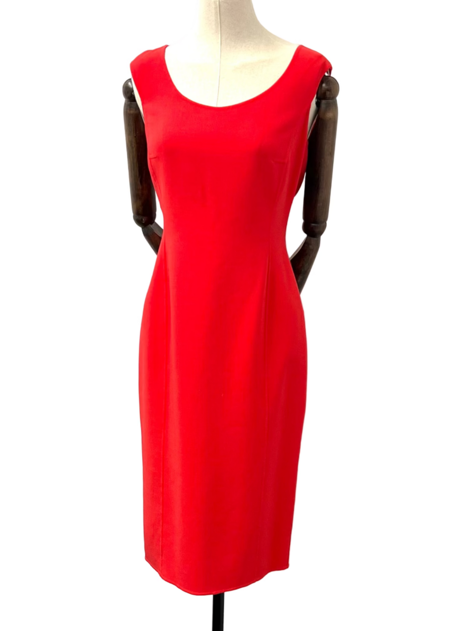 A red scoop neck tank dress displayed on a mannequin against a plain background.