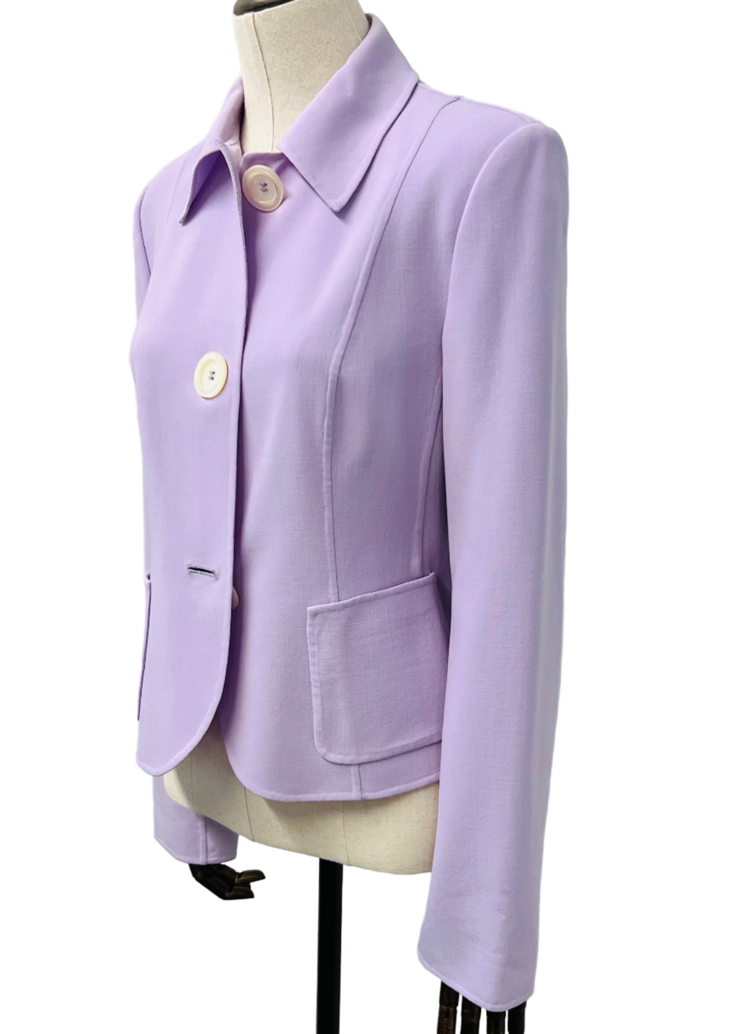 A purple Michael Kors Iris jacket with wool cap sleeves, three buttons, and two pockets, displayed on a mannequin.