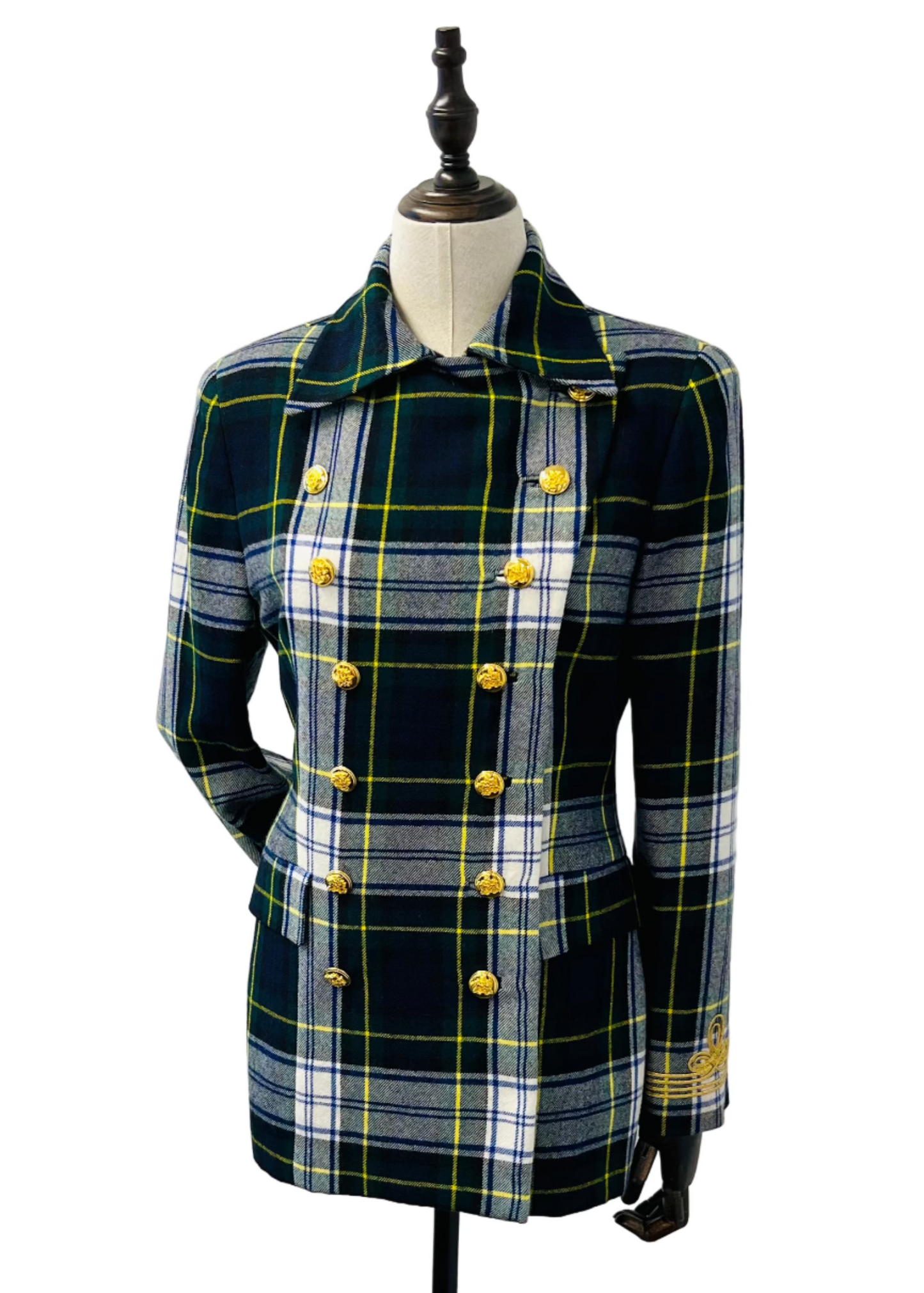 A double-breasted, plaid Ralph Lauren captain's blazer with gold buttons and braided cord details on one sleeve, displayed on a mannequin.
