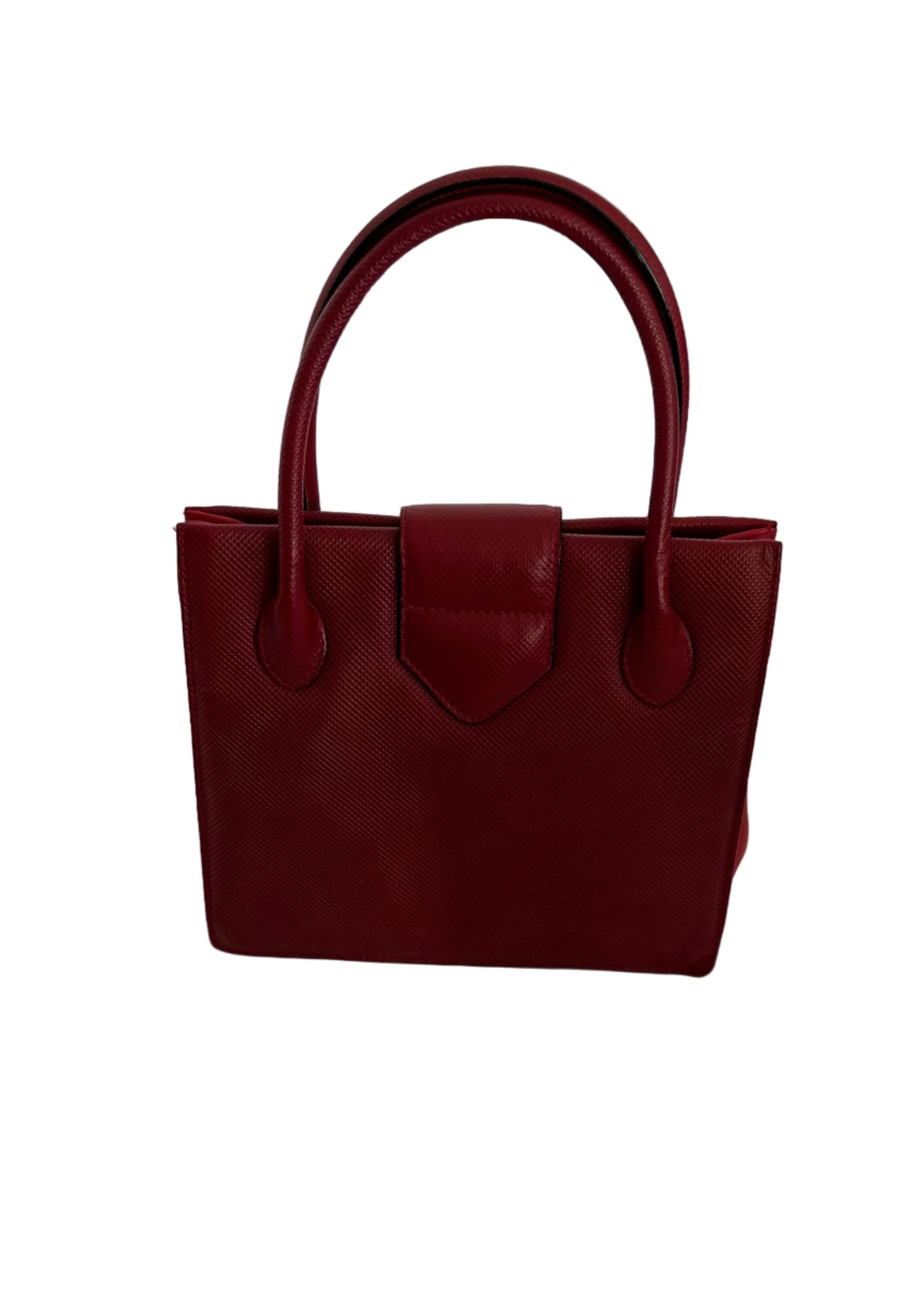 Red handbag on a white surface